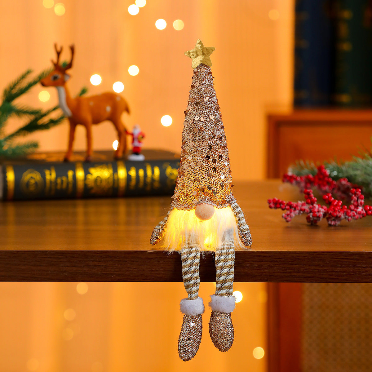 Knitted Gnome Figurine with a Snowflake Hat and Star Top | Shelf and Table Christmas Decorations | Sturdy Yearly Build