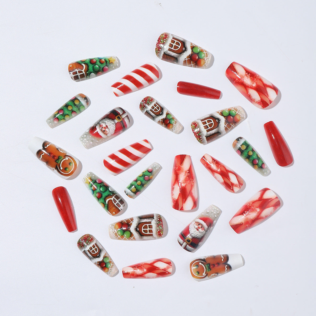 Gingerbread and Candy Cane Christmas Nails | Glossy Press On Nail Designs with Santa Motifs | Festive Winter Manicure