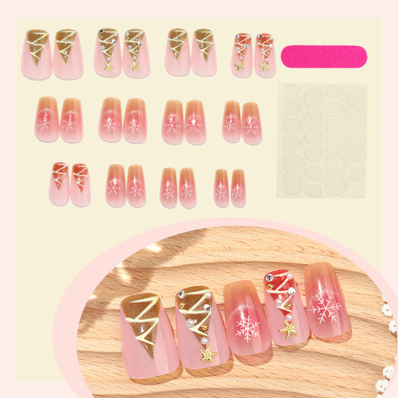 Snowflake and Tree Christmas Nails with Glitter | 24 Glossy Press On Fingernails | Festive Winter Manicure Kit