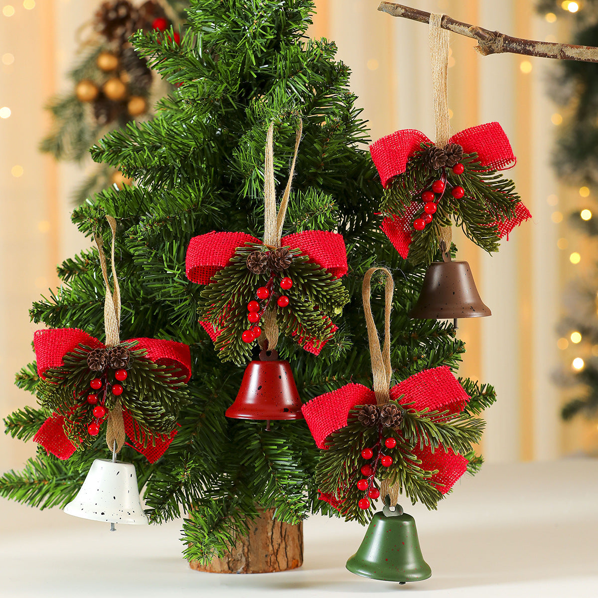 Christmas Ornaments with Bell, Red Bow and Faux Greenery Accent | Sturdy Cord for Tree or Door Hanging | Four Classic Colorways