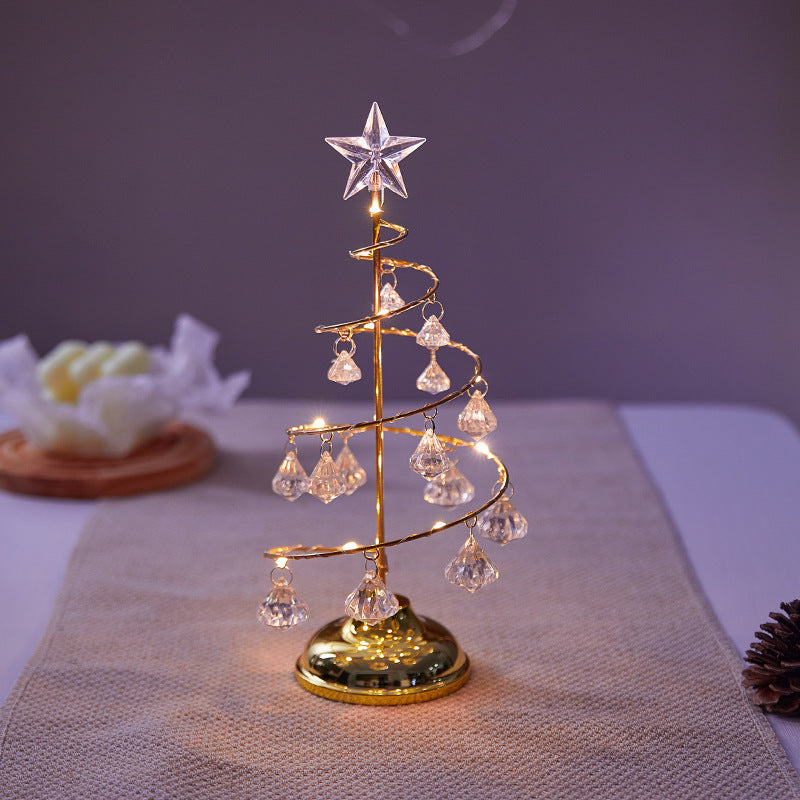 Spiral Mini LED Christmas Tree Lights with Clear Crystal Drops | Star Topper in Gold or Silver | Warm Tabletop Holiday Decor