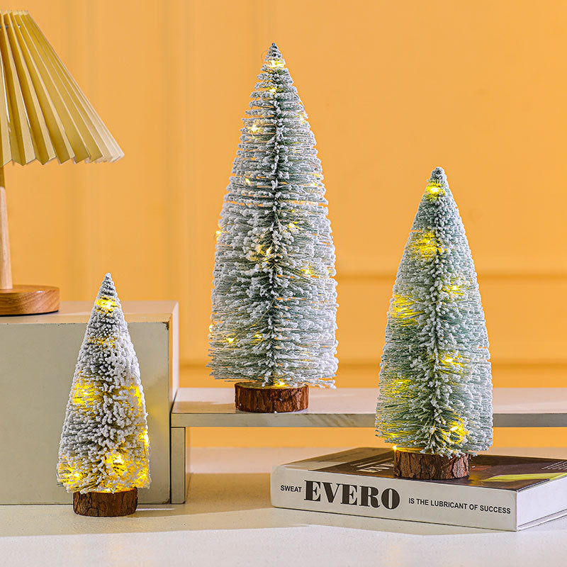Mini Christmas Tree with Built-In LED Lights | Snow Dusted Finish on a Wooden Base | Warm Glow for Desks and Shelves