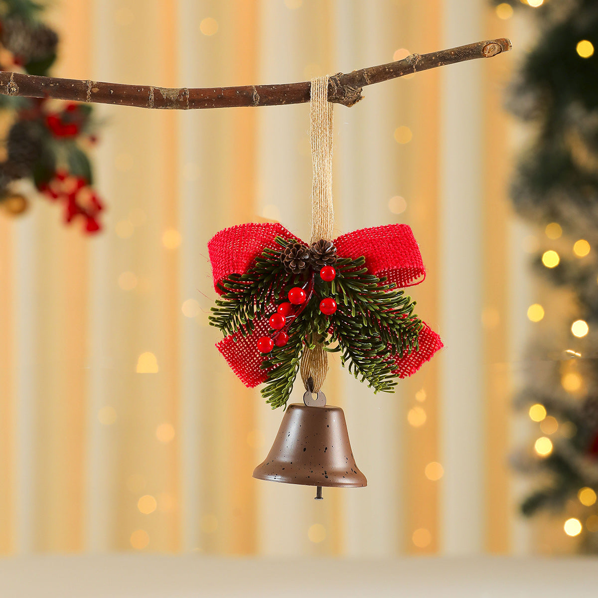 Christmas Ornaments with Bell, Red Bow and Faux Greenery Accent | Sturdy Cord for Tree or Door Hanging | Four Classic Colorways