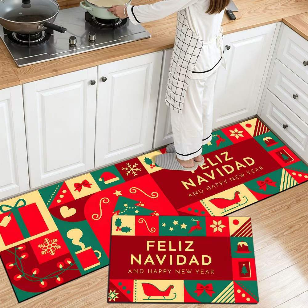 Christmas Kitchen Runner with Tree and Ornament Print | Cushioned Non-Slip Indoor Mat | Festive Floor Decor for Sink and Stove