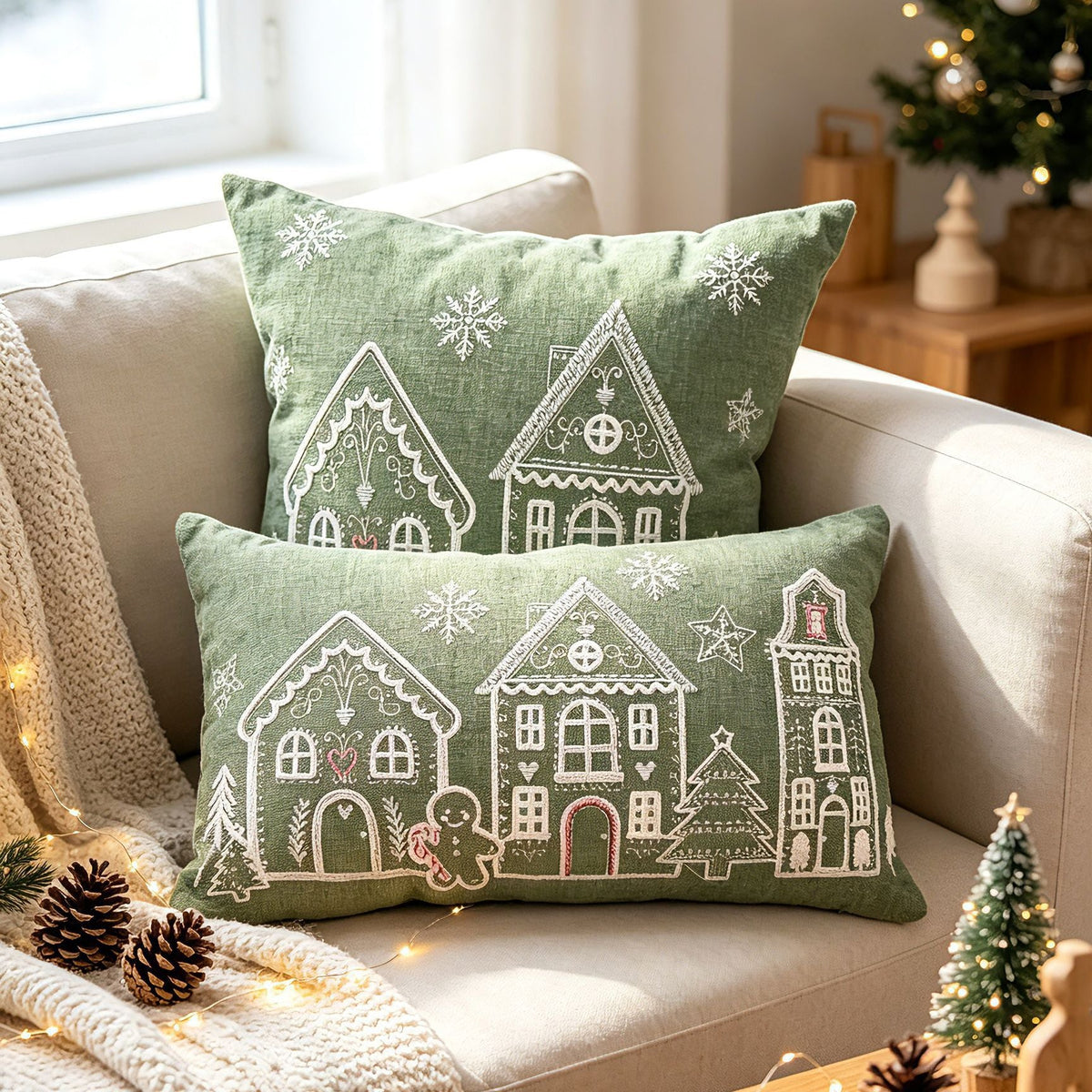 Christmas Bedroom Pillow Cover with Embroidered Gingerbread Houses | Soft Velvet Style Fabric, Hidden Zipper | Six Designs, Two Sizes