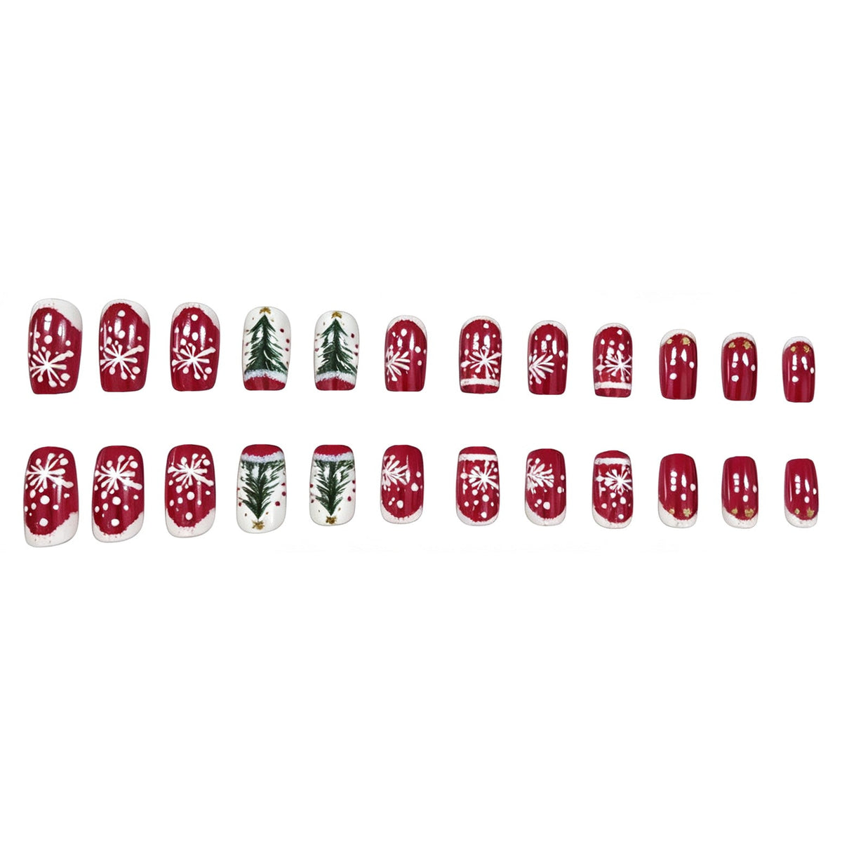 Christmas Tree Press-On Nails in Red and White | Snowflake and Dot Artwork | Chip-Resistant Tips for Holiday Parties