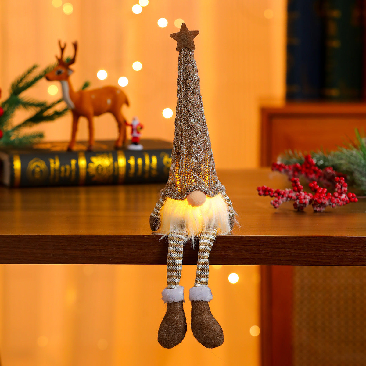 Knitted Gnome Figurine with a Snowflake Hat and Star Top | Shelf and Table Christmas Decorations | Sturdy Yearly Build
