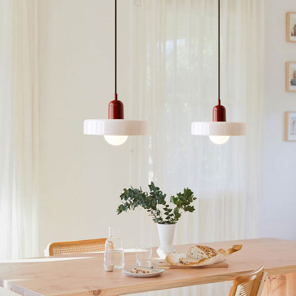 Glass Pendant Light Ceiling Fixture in Bauhaus Style | Even Glow over a Dining Table or Kitchen Island | 10 x 7 Inch