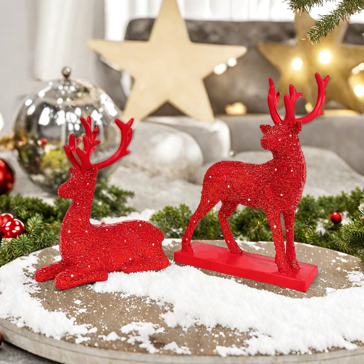 Glittering Reindeer Figurine for Christmas | Deer Decor in Gold, Red or Silver | Sparkling Accent for Shelf and Mantel