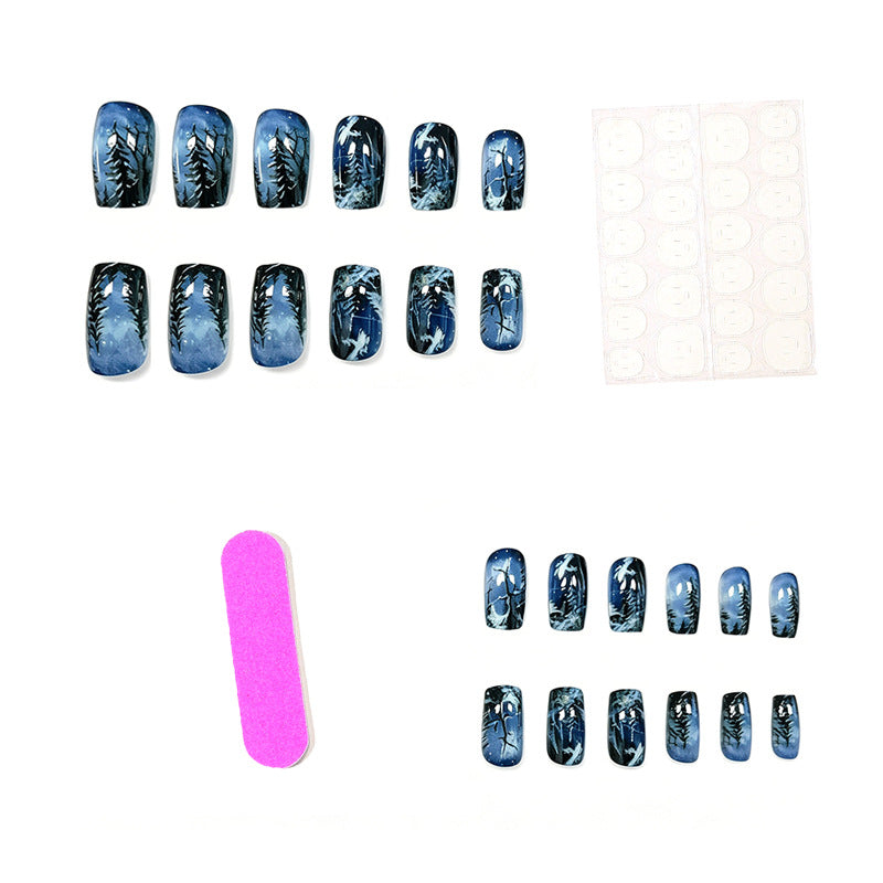 Winter Wonderland Press-On Nails with Frosted Tree Scenes | Falling Snowflake Art in Deep Blue | Durable Acrylic Set