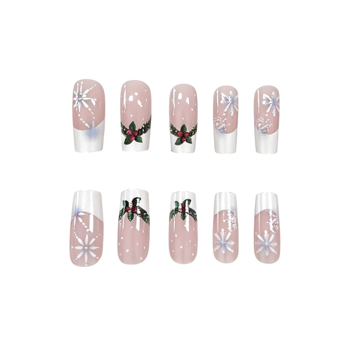 Christmas Press-On Nails with Holly and Red Berry Art | Snowflake Accents on a Nude Base | Chip-Resistant Wear