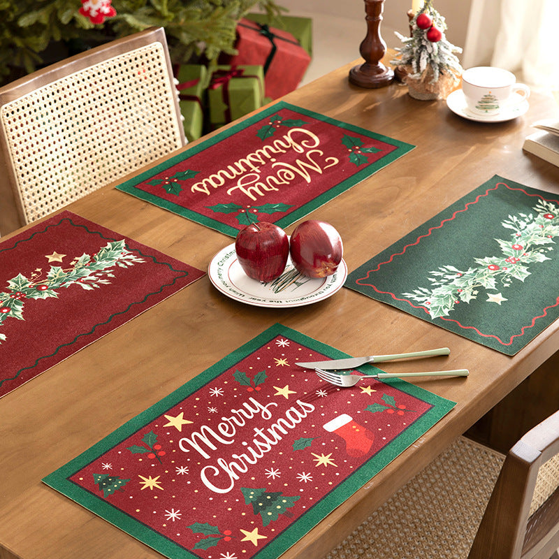 Christmas Placemat Set with Merry Lettering and Holly Accents | Red and Green Scalloped Table Mats | Flat Wipe Clean Decorations