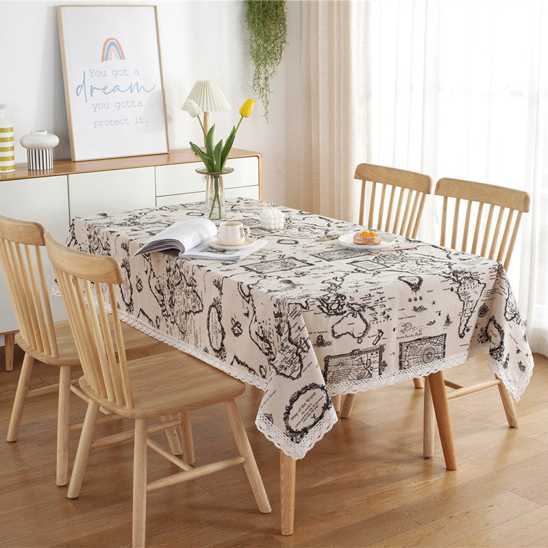 Lace Trimmed Tablecloth with Vintage Newspaper Print | Hard-Wearing Fabric for Daily Dining | 3 Sizes