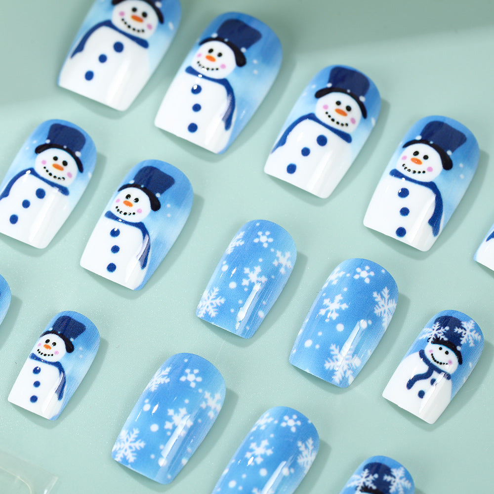 Snowman Press On Nails with Snowflake Accents | Christmas Fingernails in Mixed Sizes | Kit with Nail File for Home Use