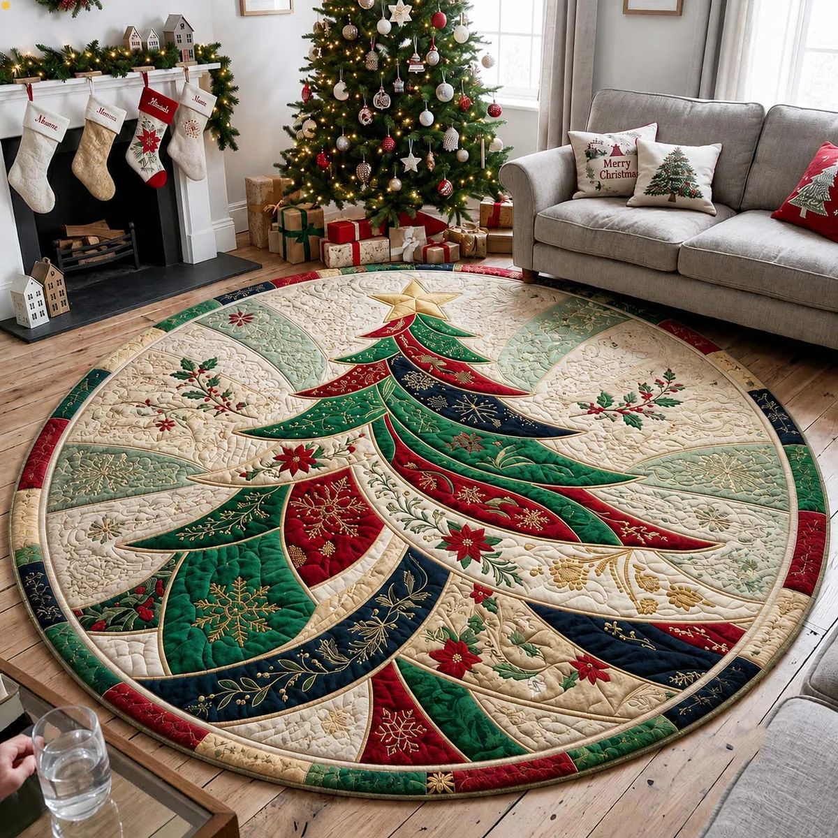 Round Christmas Rug with a Quilted Tree Motif | Soft Underfoot and Easy to Clean | 5 Sizes and 7 Designs