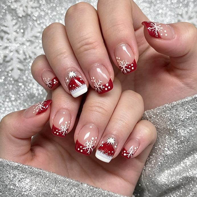 Red Christmas Press-On Nails with Glitter French Tips | Delicate Snowflake Detail | Comfortable Fit for Gatherings