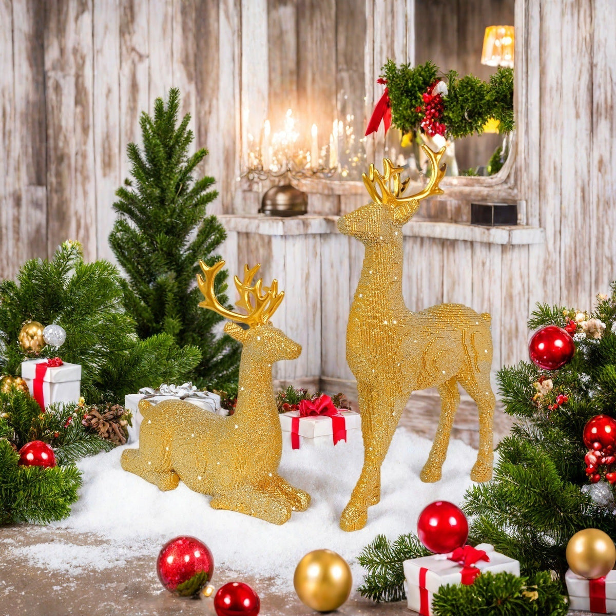 Reindeer Christmas Figurine Set of Two in Glitter Resin | 30 cm and 15.5 cm Tall Deer Decor | Silver, Red or Gold