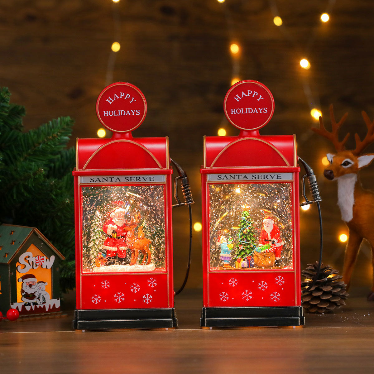 Santa Scene Lantern with Warm Christmas Lights | Battery Operated Tabletop Decor | Vintage Style and a Snowy Backdrop