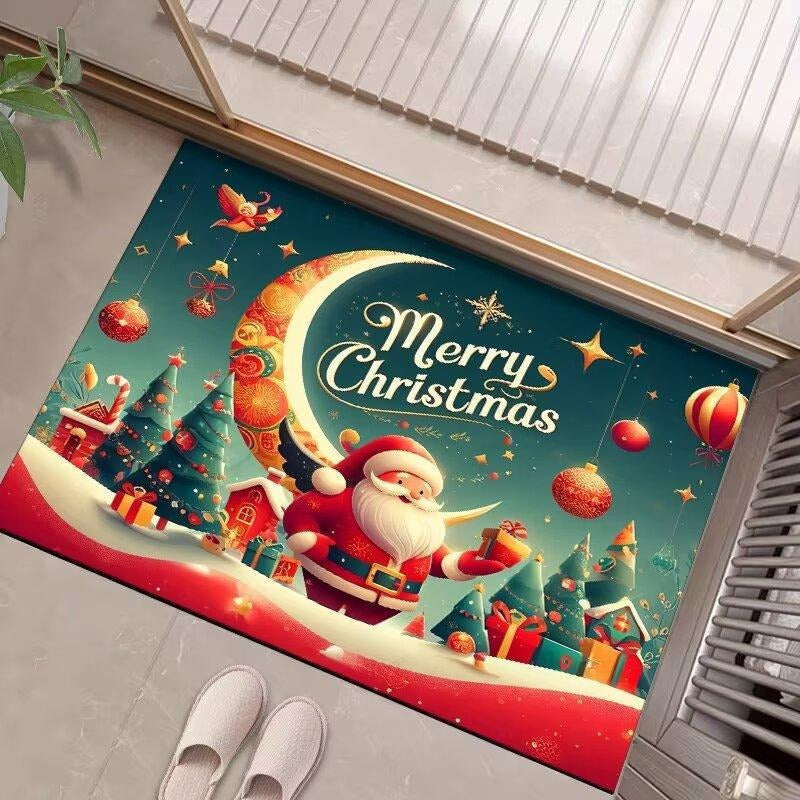 Christmas Door Mat with Merry Santa and Gift Print | Durable Fibers, Strong Underfoot Grip | Indoor Outdoor Entryway Decor