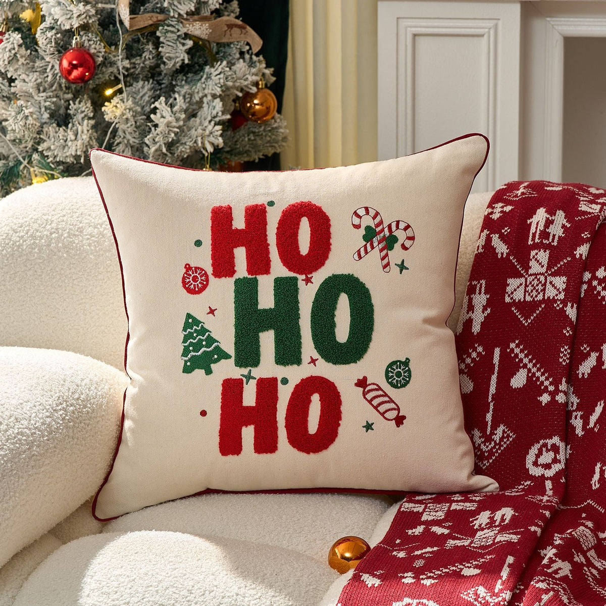 Tufted Chenille Merry Christmas Lumbar Pillow | Piped Edge on a Woven Cover | Red and Green Festive Decorations