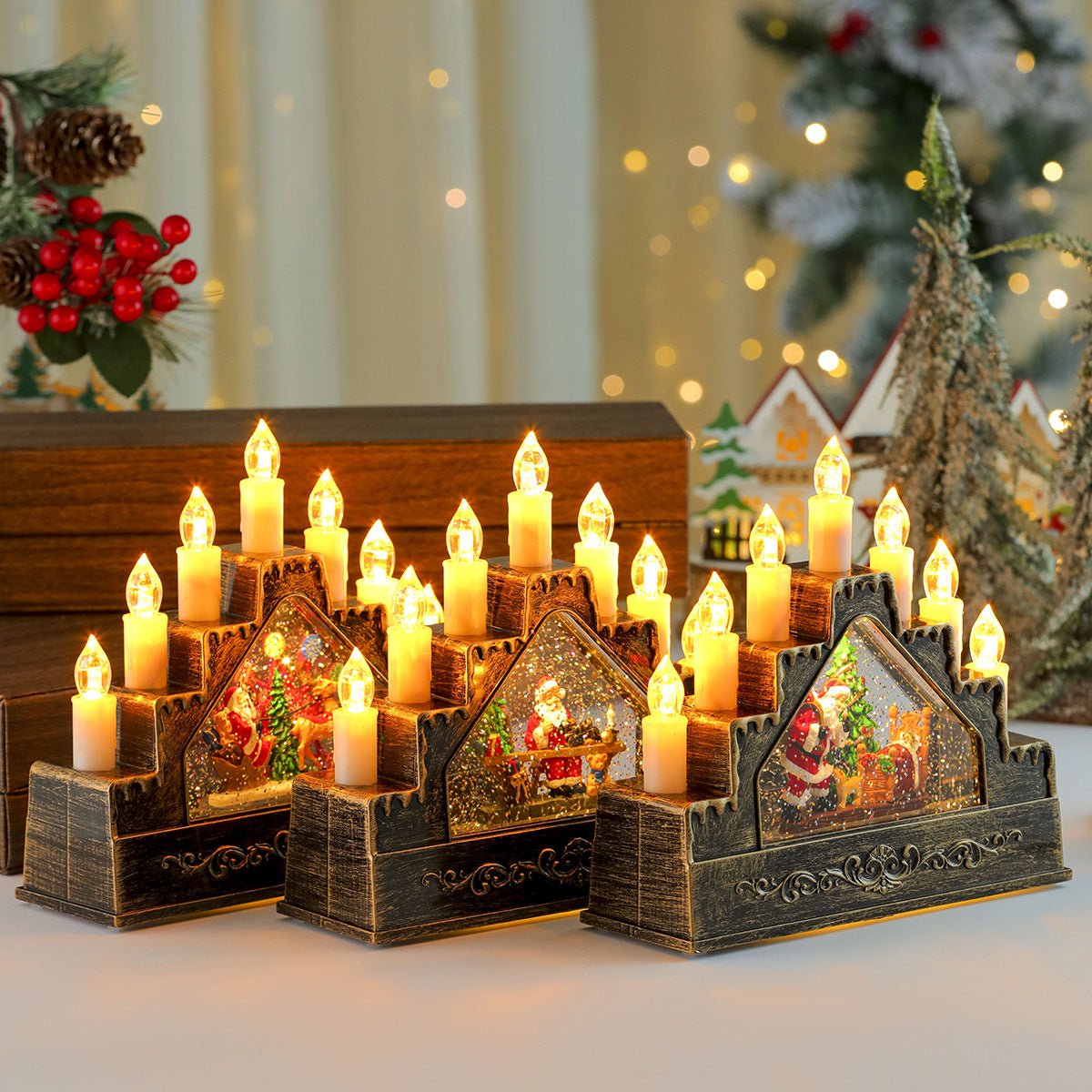 Candle Arch with Warm Christmas Lights | Lit Santa and Tree Scene | Wooden Mantel Centerpiece for Holiday Tables