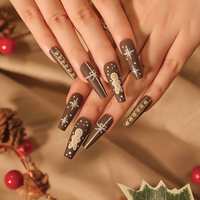 Christmas Holiday Nails with Gingerbread and Snowflake Art | Reusable Press On Set in Eight Colors | Skin Friendly Fit