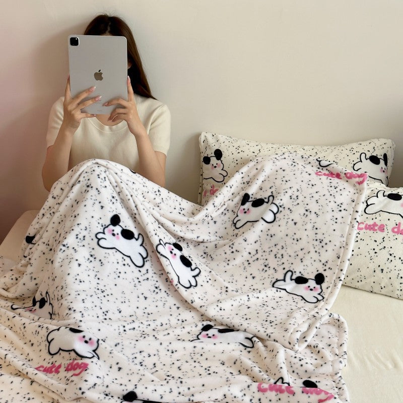Cartoon Dog Print Fleece Throw with Speckled Pattern | Warm Blanket for Sofa and Bed | 4 Sizes, 15 Designs