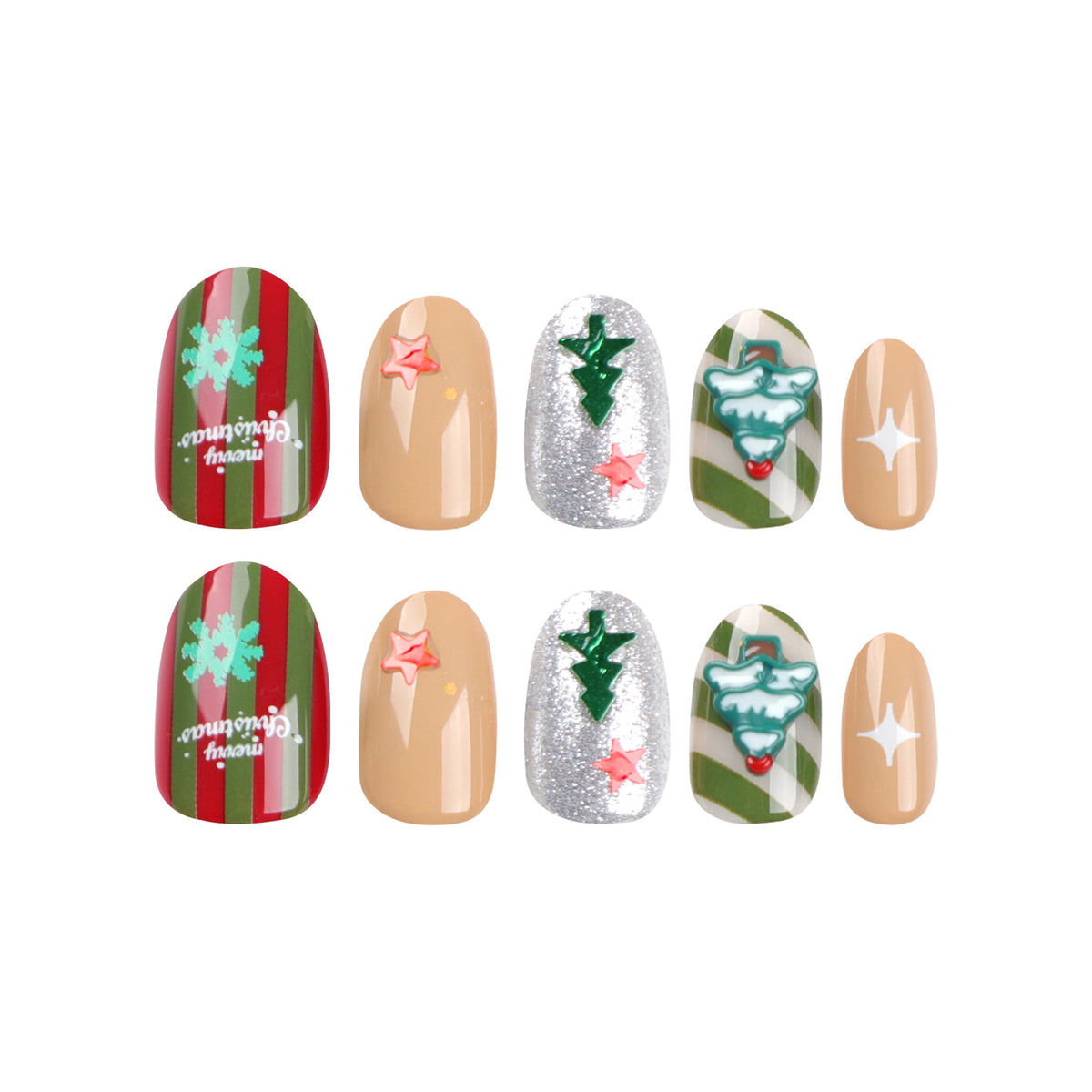 Christmas Nail Designs with Tree Patterns and Stars | Glittering Press On Tips for Festive Parties | Xmas Manicure Set