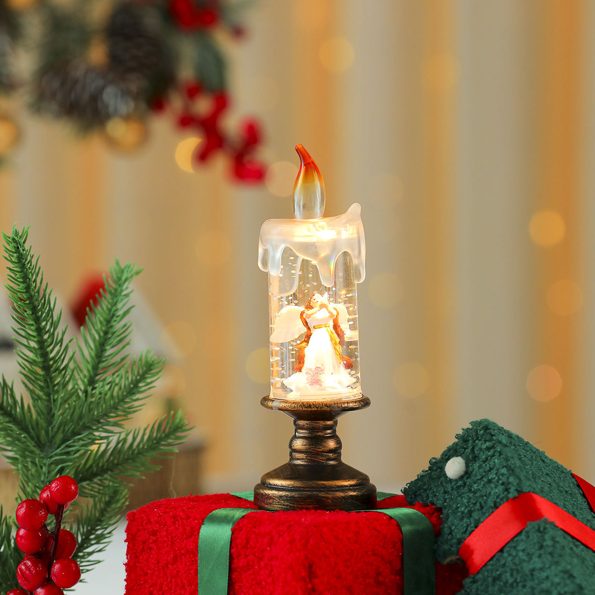 LED Christmas Candle Lights with a Santa or Tree Figure Inside | Warm White Glow on a Brass Look Stand | Switch Under the Base