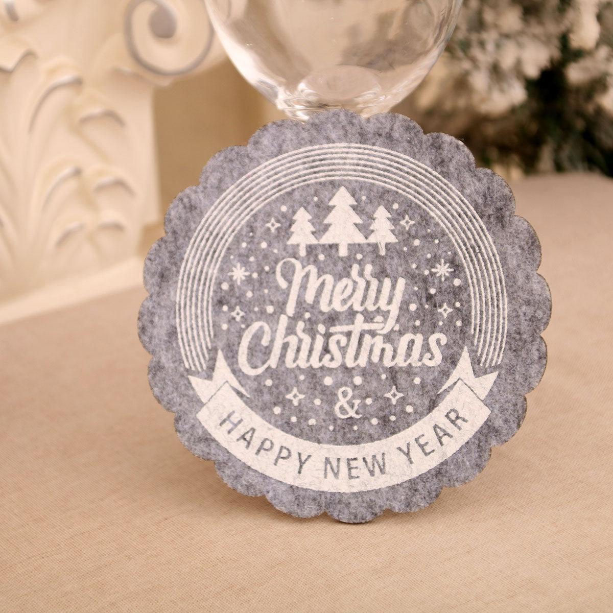 Felt Christmas Table Mats with Scalloped Edges and Merry Print | Round Placemats and Coasters, Two Colorways | Wipe Clean Decorations