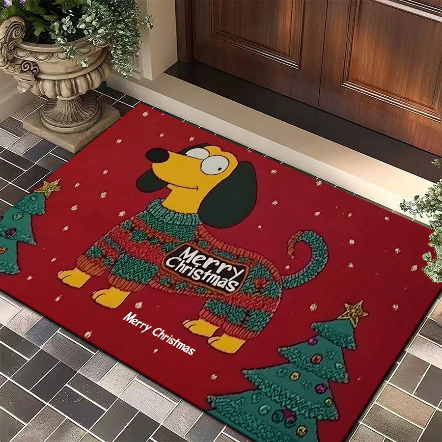 Christmas Door Mat with a Dog in a Festive Jumper | Red Welcome Rug for Entryways | Durable Weave in Several Sizes