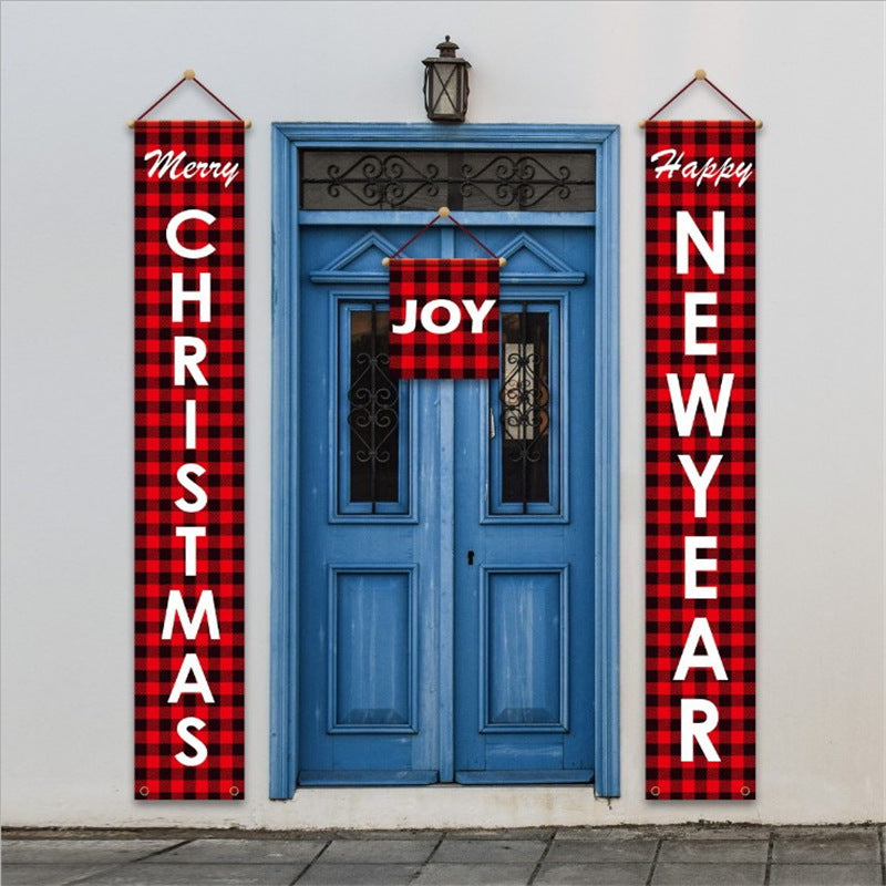 Christmas Door Banner Set with Merry Greeting and Happy New Year | Weather Resistant Plaid Fabric, Easy Fastening | Four Designs