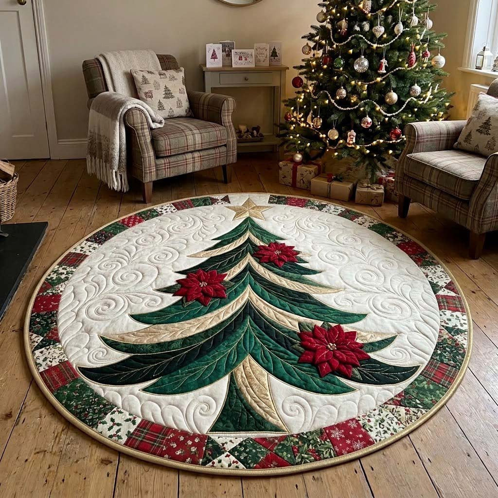 Round Christmas Rug with a Quilted Tree Motif | Soft Underfoot and Easy to Clean | 5 Sizes and 7 Designs
