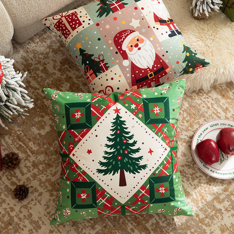 Patchwork Pillow Cover for Christmas Decorations with Bauble and Santa Hat Print | Machine Washable, Hidden Zipper | Six Designs
