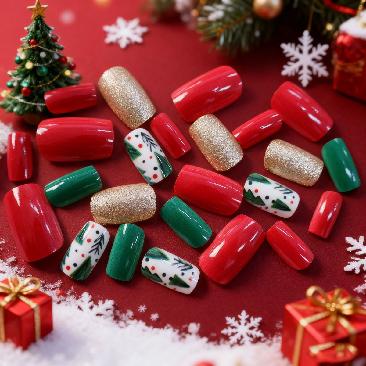Green and Gold Christmas Nails with Tree Art | Glitter Accent Tips | Non Toxic Polish with a Chip Proof Finish