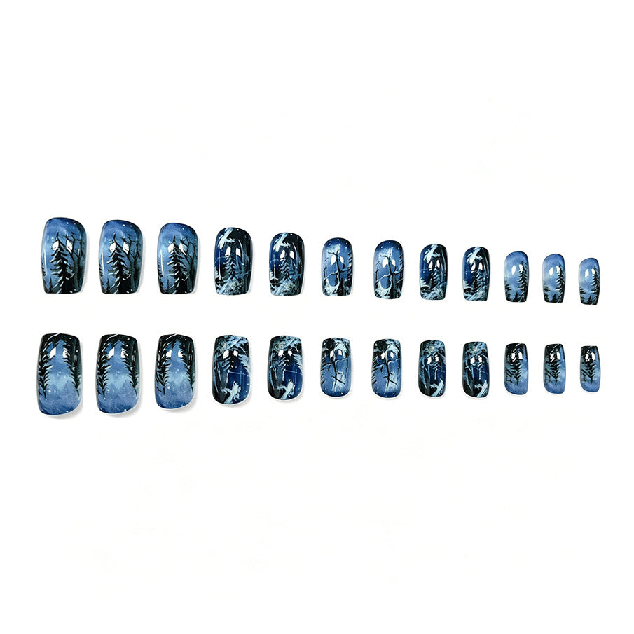 Winter Wonderland Press-On Nails with Frosted Tree Scenes | Falling Snowflake Art in Deep Blue | Durable Acrylic Set