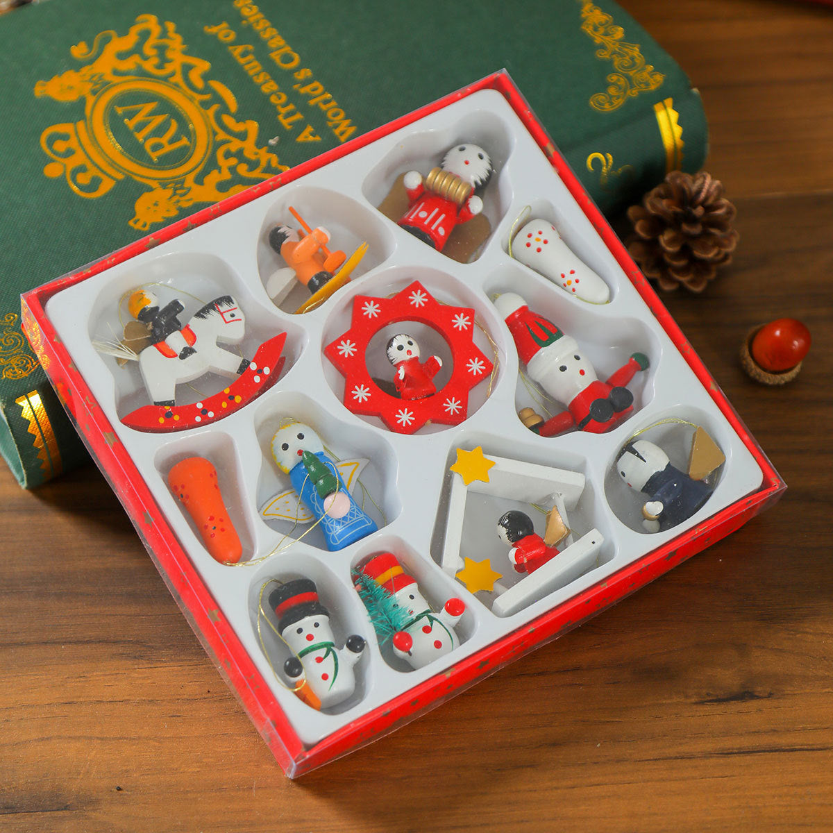 Mini Train Christmas Ornaments in a Gift Box | Bright Colors for Mantel and Tabletop Display | Seven Festive Design Sets