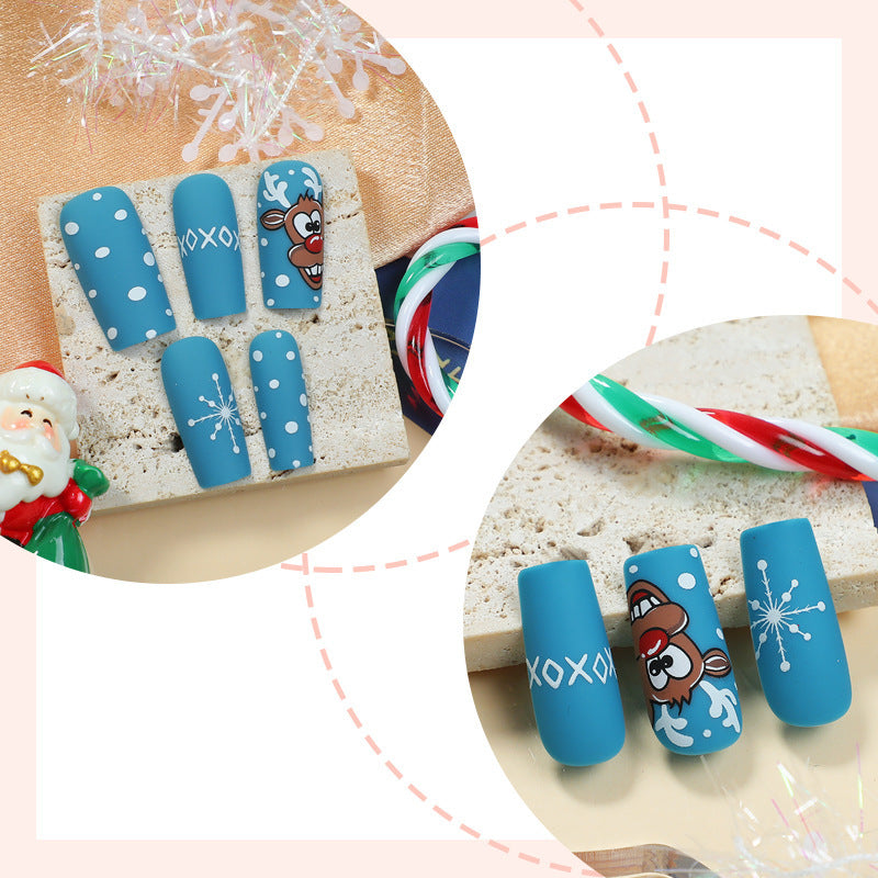 Reindeer Christmas Nails with Snowflake Motifs | Glossy Press On Nail Designs | Festive Winter Manicure for Parties