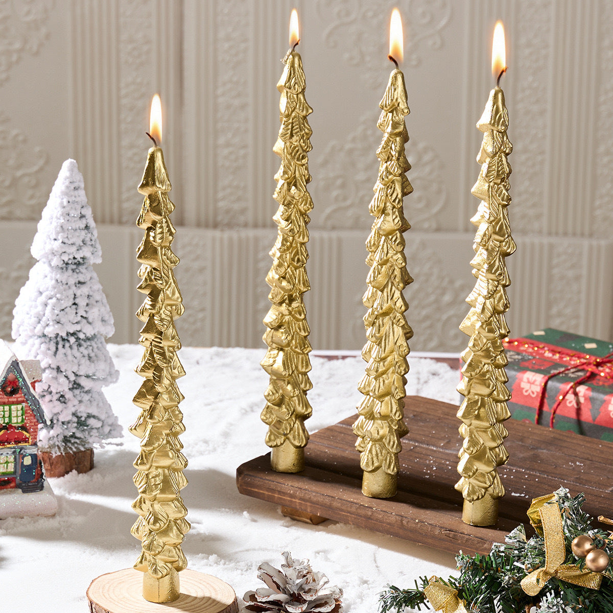 Sculpted Christmas Tree Taper Candle with Layered Branches | Cotton Wick for a Clean Even Burn | Festive Table Decorations