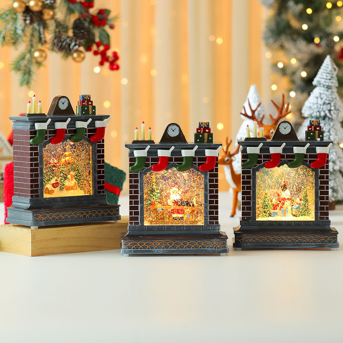 Fireplace Decoration with Christmas Lights | Stockings and Clock Detail | On Off Switch for Mantel or Shelf Display