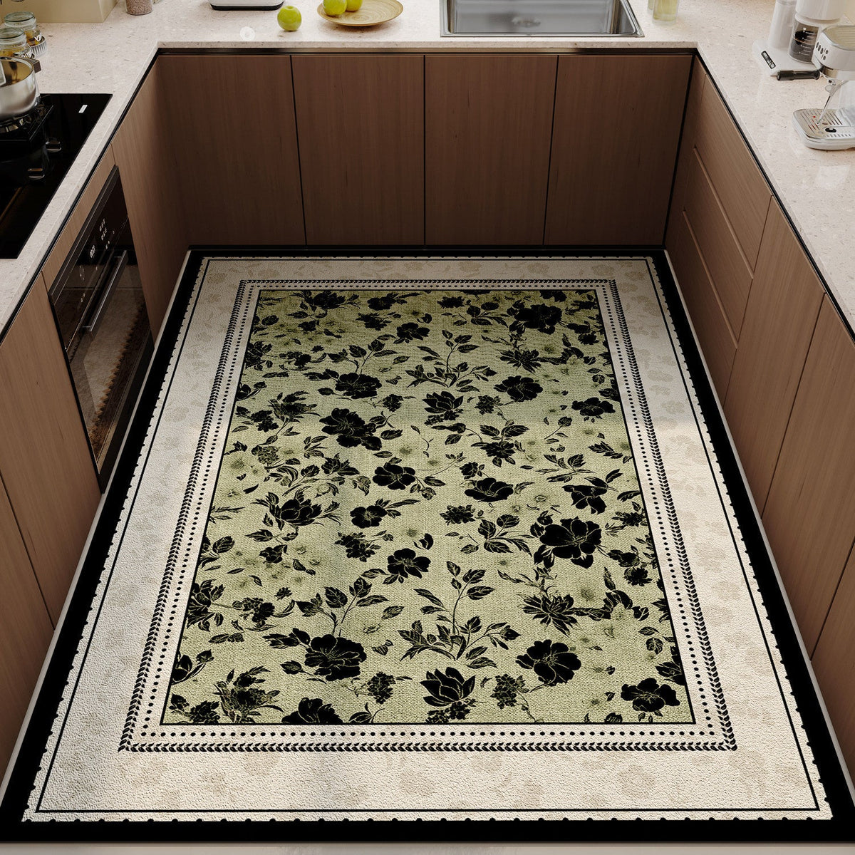 Floral Print Kitchen Rug with Non-Slip Backing | Soft Underfoot and Machine Washable | Green Moss Shades