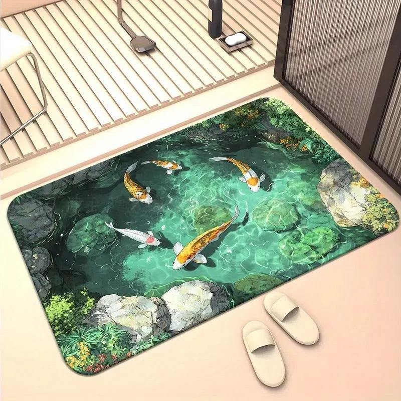 Koi Pond Floor Mat with a Non-Slip Backing | Stain Resistant and Machine Washable Rug | Two Colorways