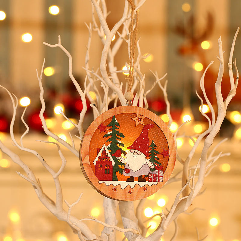 Wooden Christmas Tree Ornaments with Gnome and Santa Cutouts | Star or Round Shape on a Hanging String | 2 Colorways