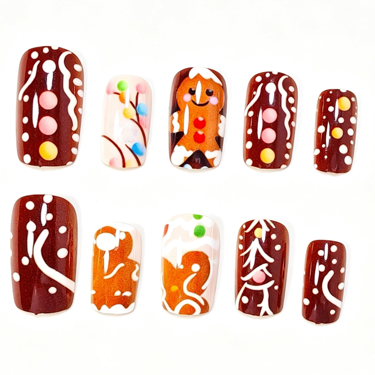 Gingerbread Christmas Nails in Mixed Sizes | Festive Press On Nail Set with Adhesive Tabs | Easy Manicure for Parties
