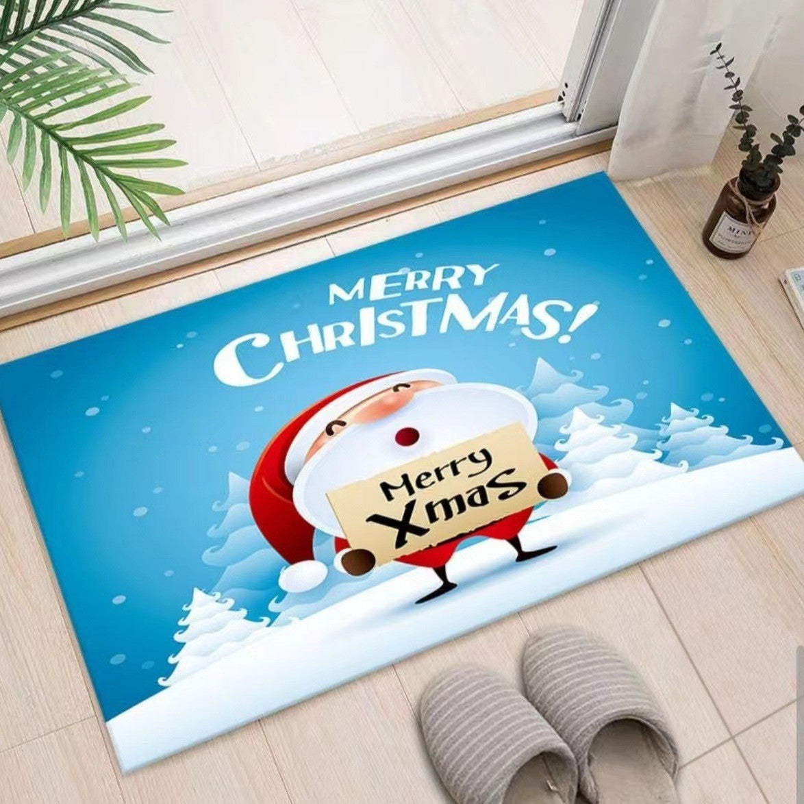 Christmas Rug for Entryway with Santa, Reindeer and Snowman | Absorbent Non-Slip Door Mat | Four Sizes, Seven Designs