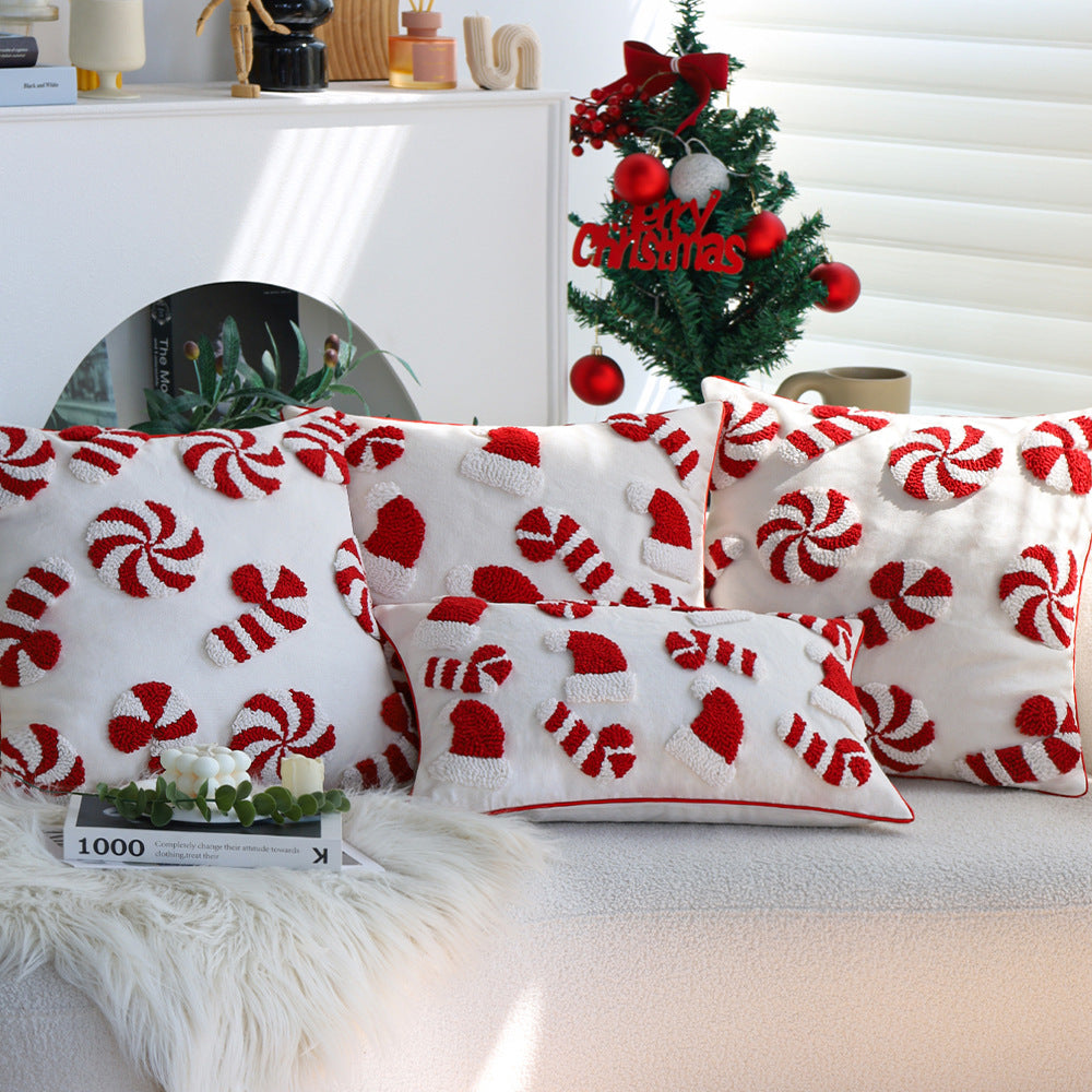 Hand Tufted Christmas Pillow Cover with Santa Hats and Candy Canes | Cotton Linen Blend, Piped Edge | Holiday Decorations