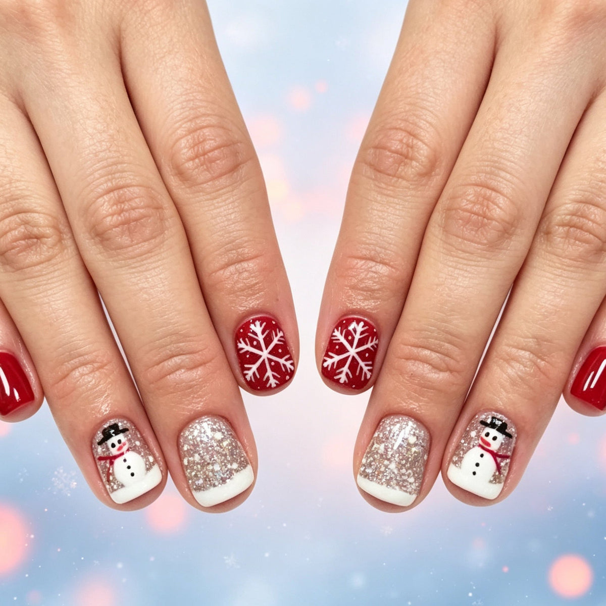 Snowman Christmas Nails in White and Silver Glitter | Press-On Set with Snowflake Detail | Vibrant Color That Lasts