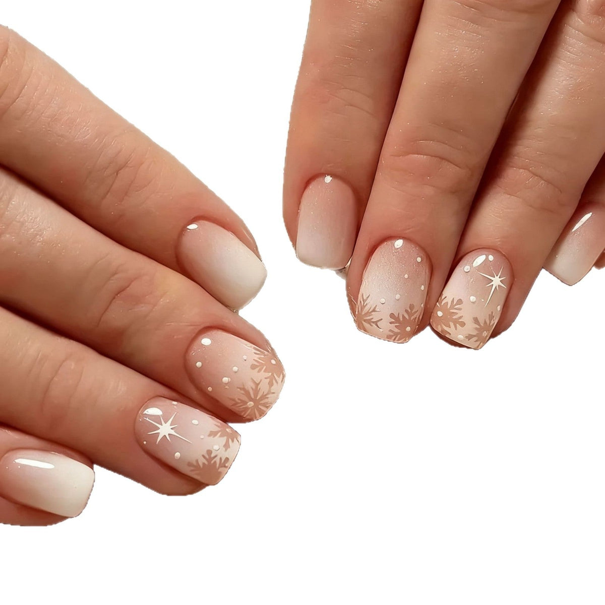 Winter Snowflake Press-On Nails in White and Nude Ombre | Glitter Accent Finish | Easy Christmas Manicure for Beginners