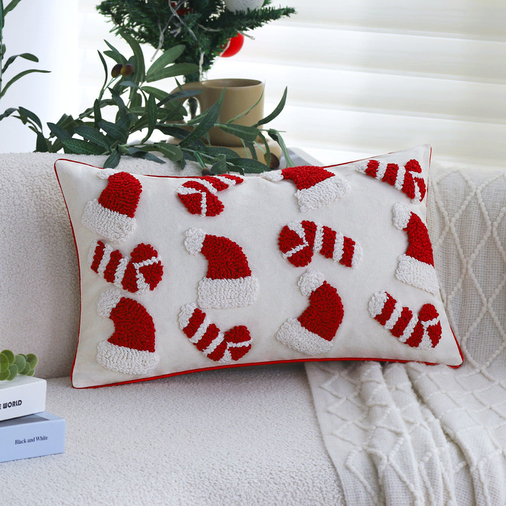 Hand Tufted Christmas Pillow Cover with Santa Hats and Candy Canes | Cotton Linen Blend, Piped Edge | Holiday Decorations