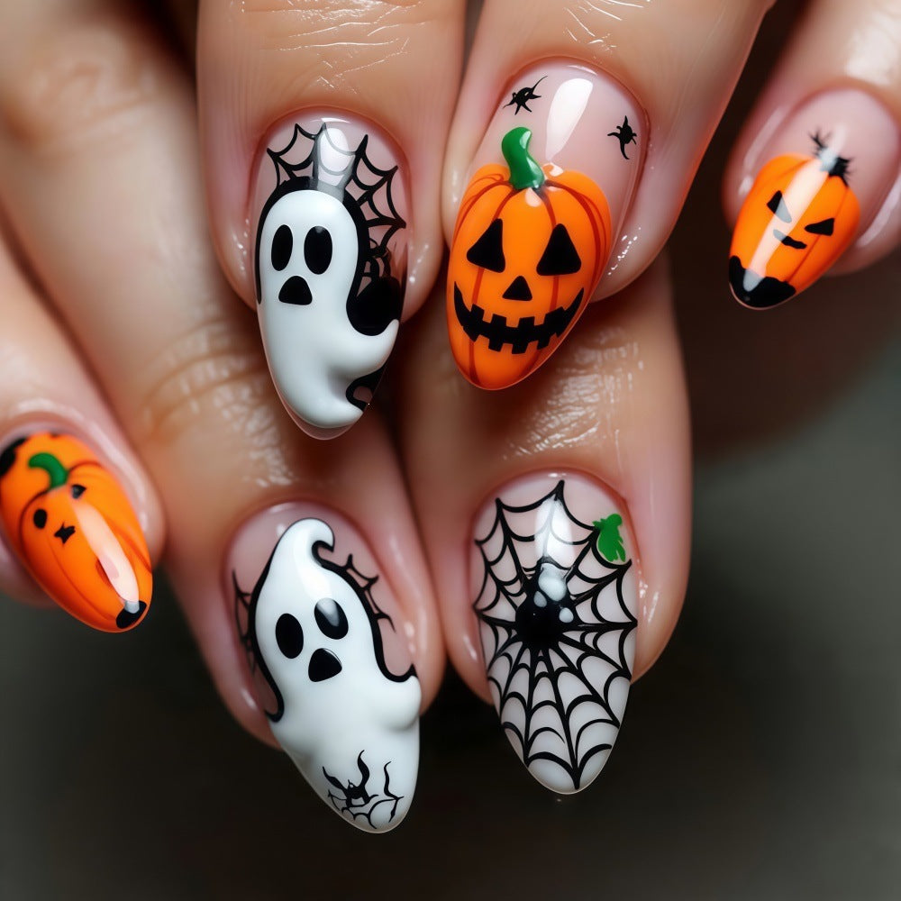 Halloween Pumpkin Ghost Press-On Nails | Available in Yellow | Glue-Free Application in Minutes for Parties and Nights Out
